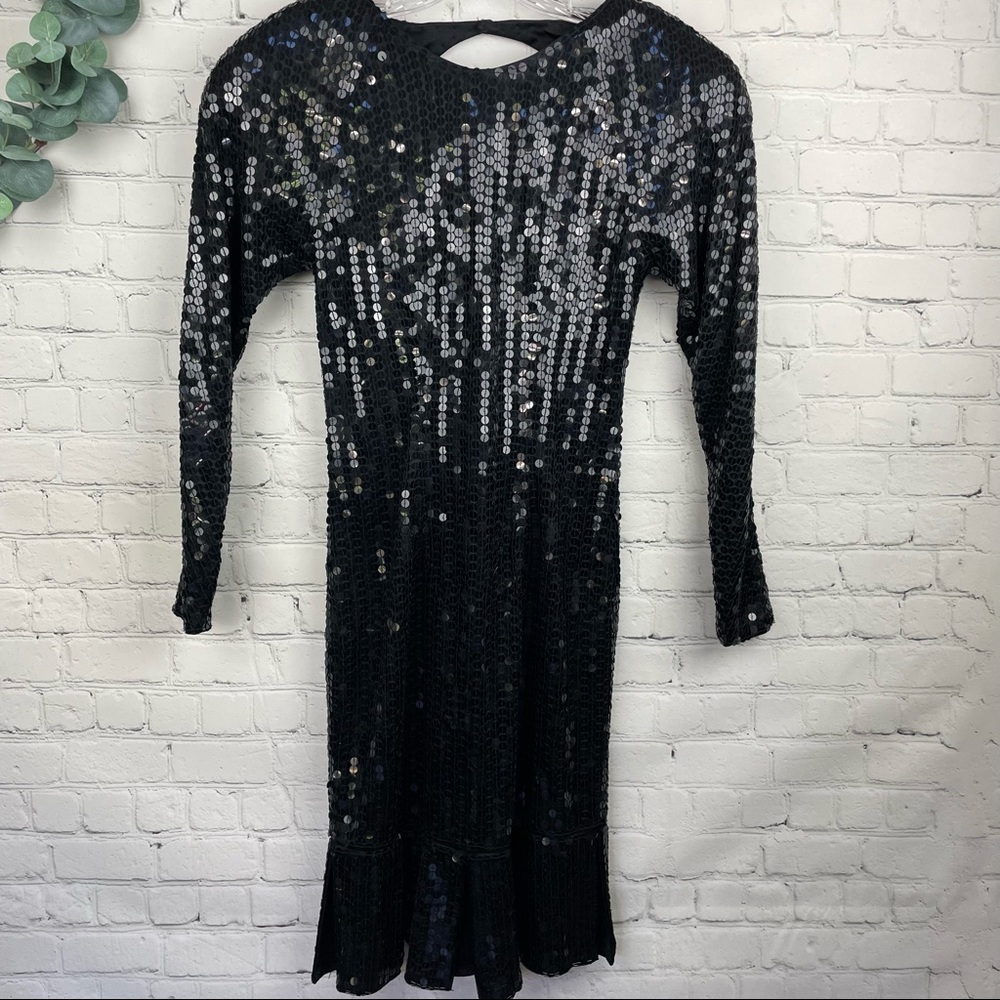 MAISON MAGIQUE Long Sleeve Black Sequin Vintage Dress size small